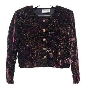 Vintage Tres Paquette Womens Velvet Jacket Size L Colorful Burgundy Embroidered